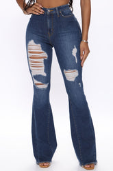 Soft Spot Ripped Flare Jeans - Dark Wash
